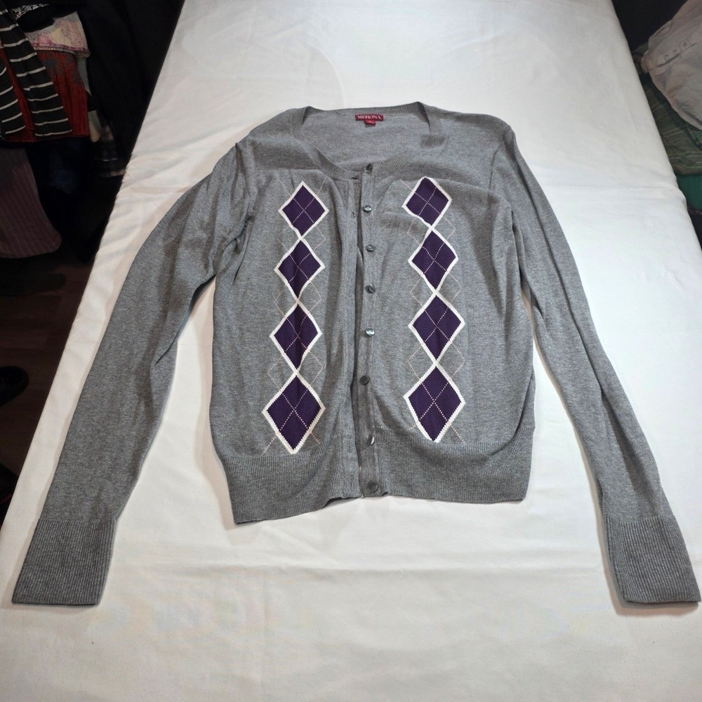 women's large merona gray sweater with purple diamonds button down